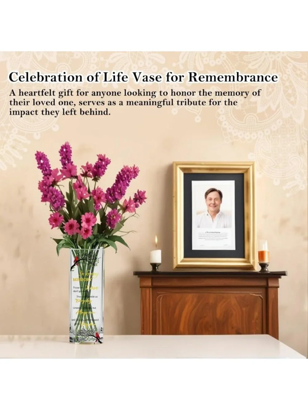 Sympathy Memorial Flowers Vase - Cardinal Grief Gift for Loss, Funeral Decor